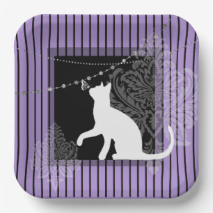 Purple black stripes, and white cat paper plates