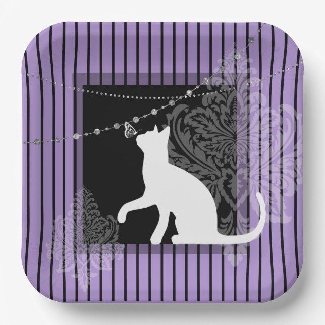 Purple black stripes, and white cat  paper plates (Front)