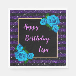 Purple Black Stripes Glitter Blue Roses Birthday Napkins