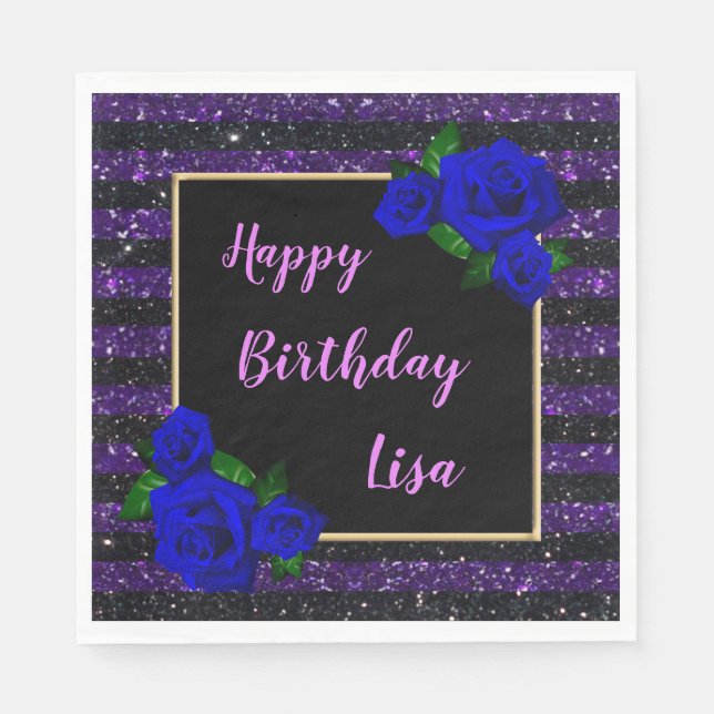 Purple Black Stripes Glitter Deep Blue Roses Napkins (Front)