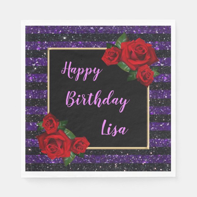 Purple Black Stripes Glitter Red Roses Birthday Napkins (Front)