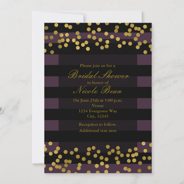 Purple & Black Stripes Gold Faux Foil Dots Invitation (Front)