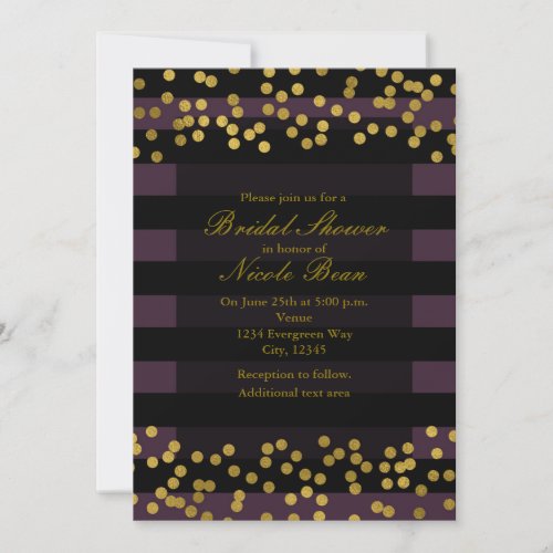 Purple  Black Stripes Gold Faux Foil Dots Invitation