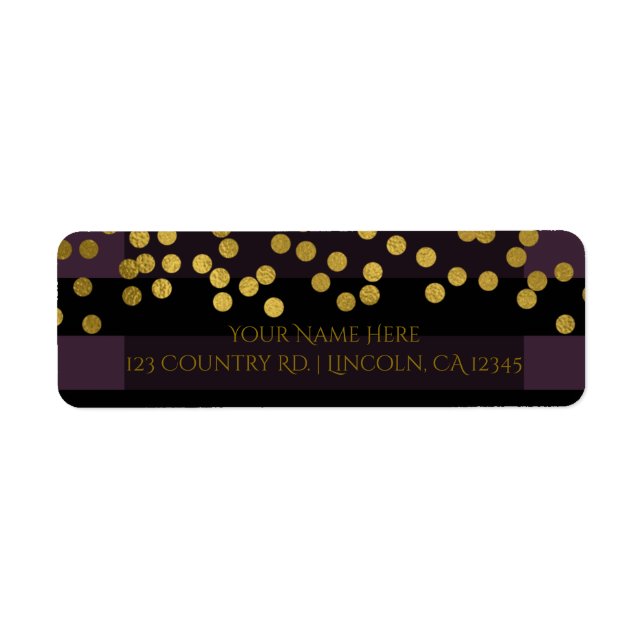 Purple & Black Stripes Gold Faux Foil Dots Label (Front)