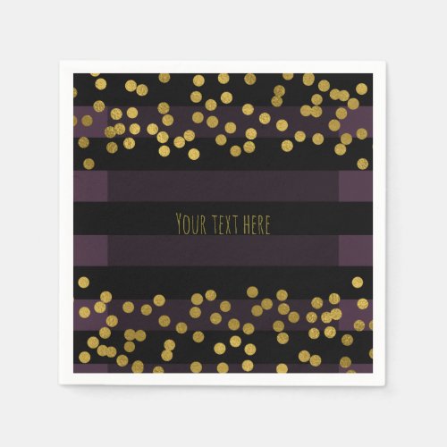 Purple  Black Stripes Gold Faux Foil Dots Napkins