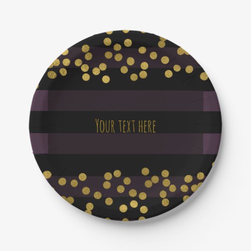 Purple  Black Stripes Gold Faux Foil Dots Paper Plates