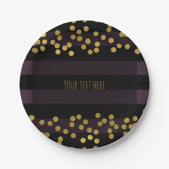 Purple & Black Stripes Gold Faux Foil Dots Paper Plates (Front)