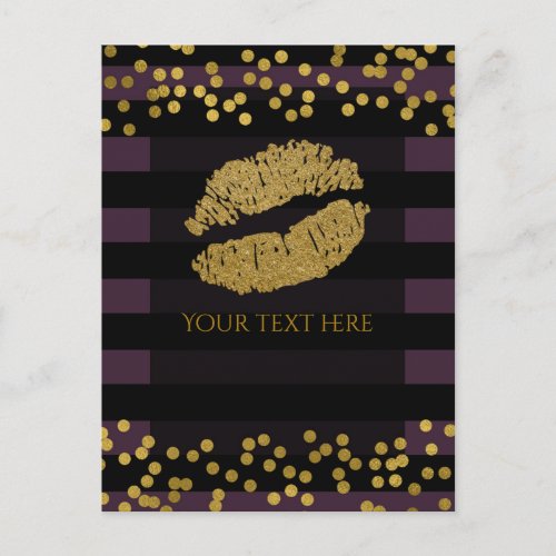 Purple  Black Stripes Gold Faux Foil Dots Postcard