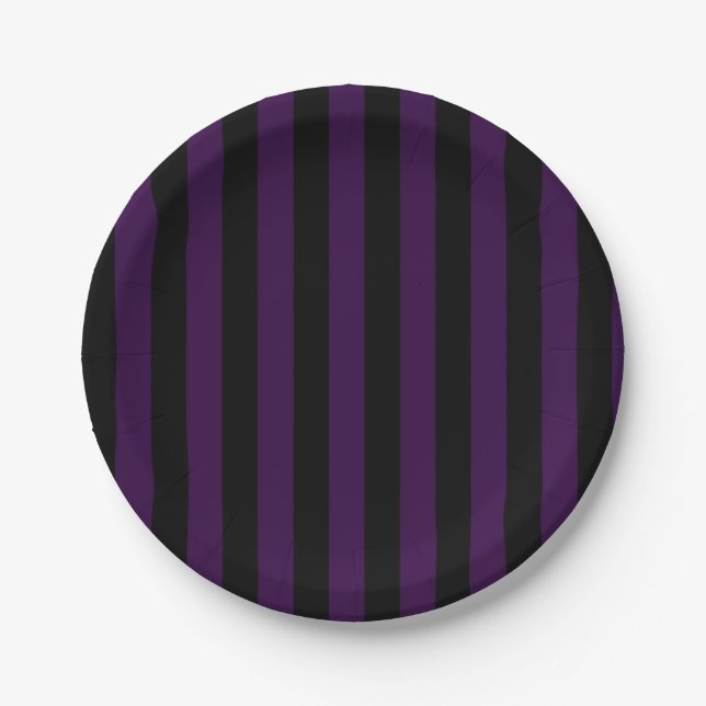 Purple & Black Stripes Halloween Party Paper Plates (Front)