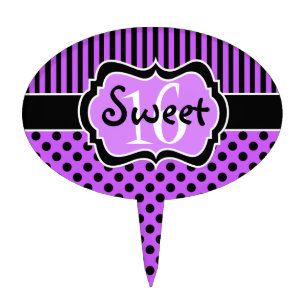 Purple Black Stripes, Polka Dot Sweet 16 Cake Pick