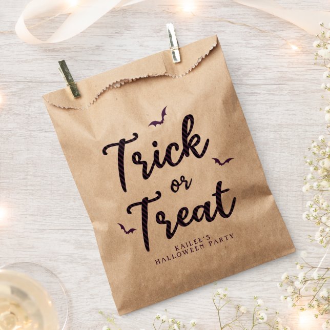 Purple & Black Stripes Trick or Treat Bats Favor Bag (Clipped)