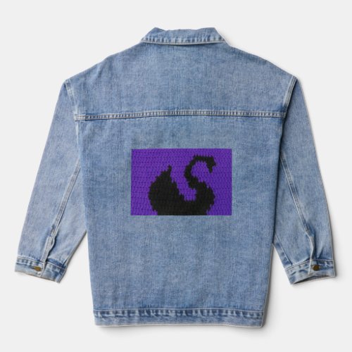 Purple Black Swan Profile Artisan Crochet Print Denim Jacket