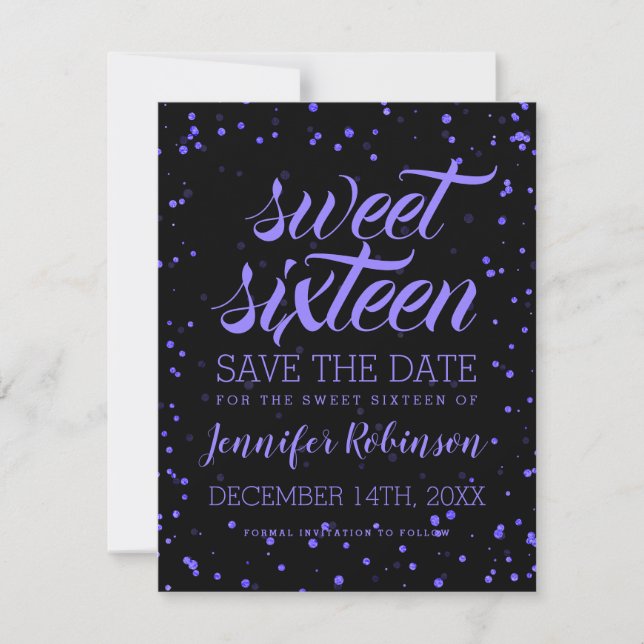 Purple Black Sweet 16 Birthday Save Date Confetti Save The Date (Front)