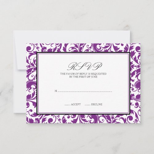Purple Black Swirl Damask Wedding Response Card