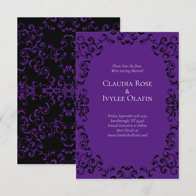 Purple & Black Swirl Gothic Wedding Invitation (Front/Back)