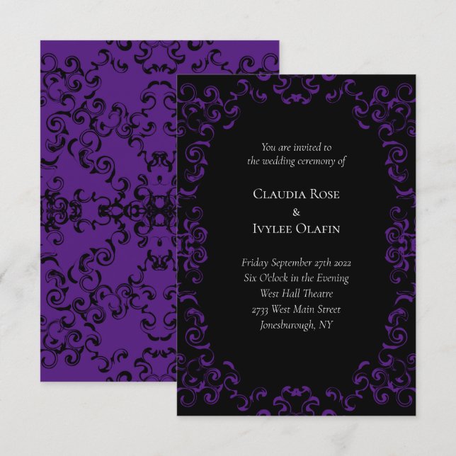 Purple & Black Swirl Gothic Wedding Invitation (Front/Back)