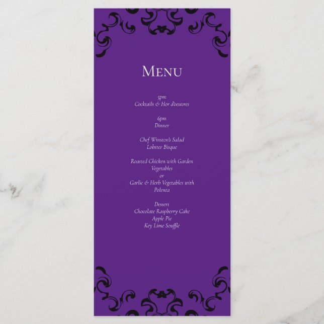 Purple Black Swirl Gothic Wedding Menu (Front)