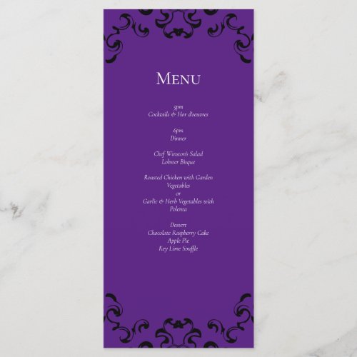 Purple  Black Swirl Gothic Wedding Menu