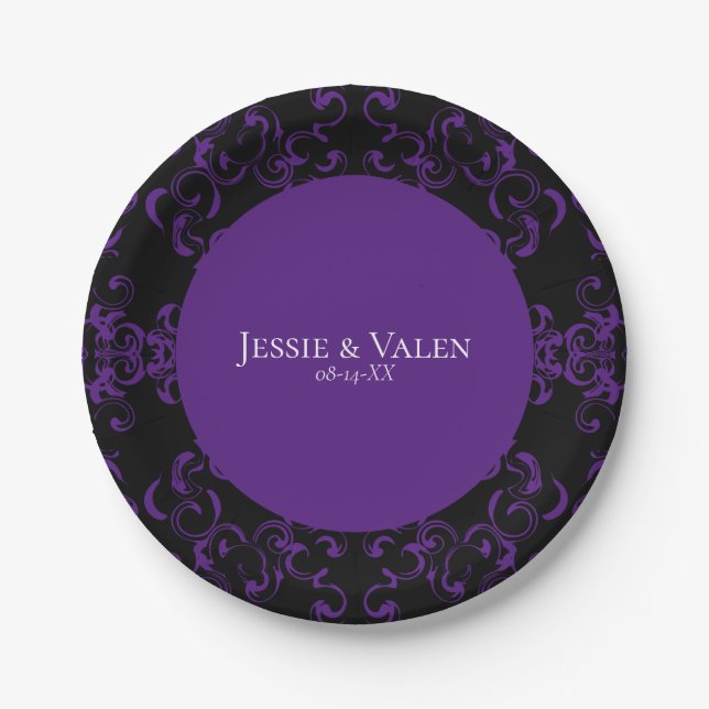 Purple & Black Swirl Gothic Wedding Paper Plates (Front)