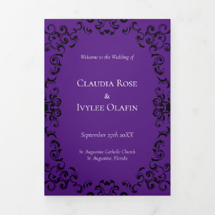 Purple & Black Swirl Gothic Wedding Tri-Fold Program