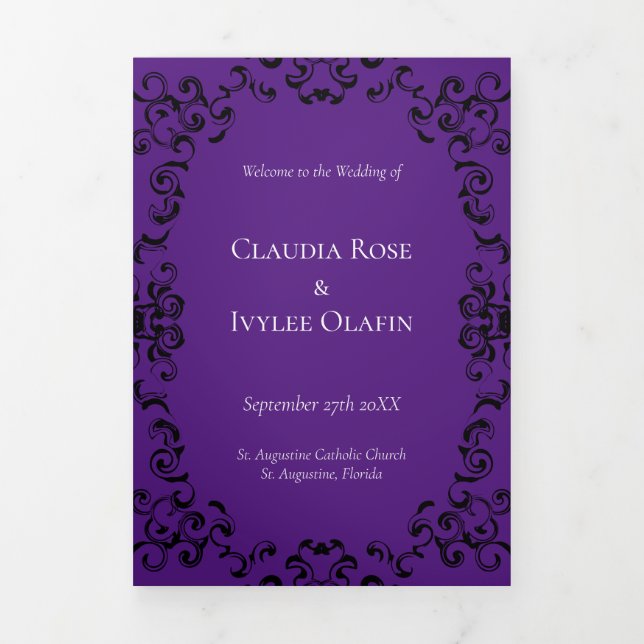 Purple & Black Swirl Gothic Wedding Tri-Fold Program (Cover)