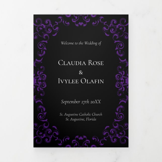 Purple & Black Swirl Gothic Wedding Tri-Fold Program (Cover)