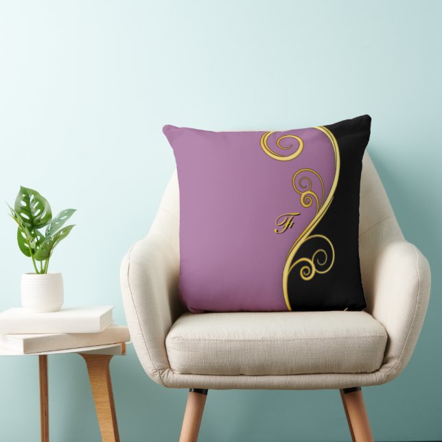 Purple-black Swirl with Initials Throw Pillow (Chair)