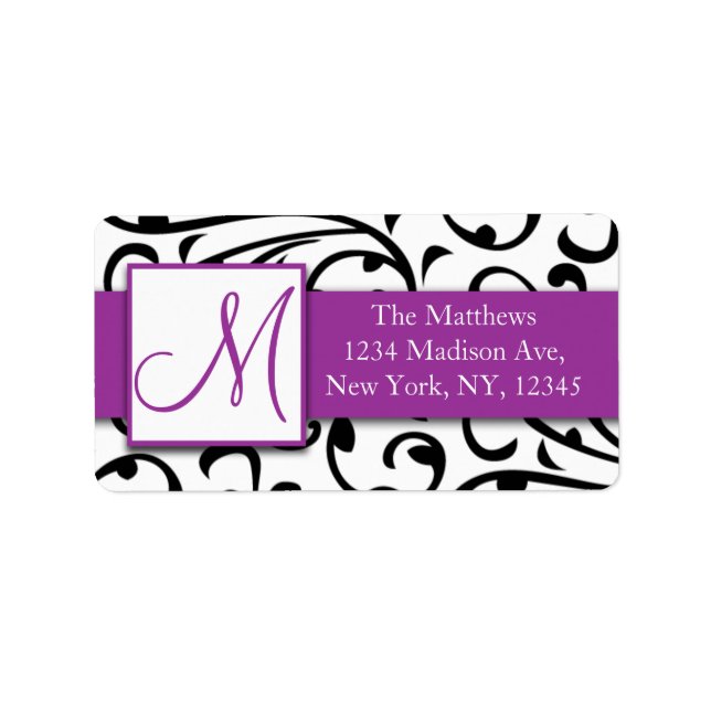Purple, Black Swirls Damask Address Labels (Front)