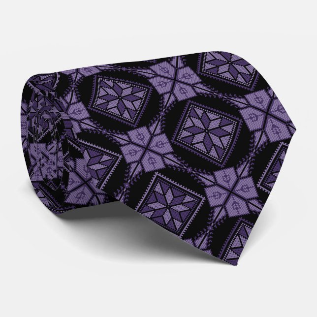 Purple & Black Tatreez Henna Thobe Pattern Neck Tie (Rolled)