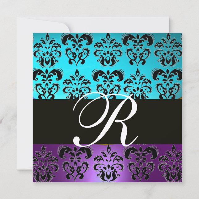PURPLE BLACK TEAL BLUE TURQUOISE DAMASK MONOGRAM INVITATION (Front)