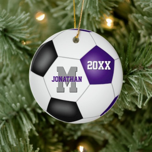 purple black team colors boys girls soccer ceramic ornament