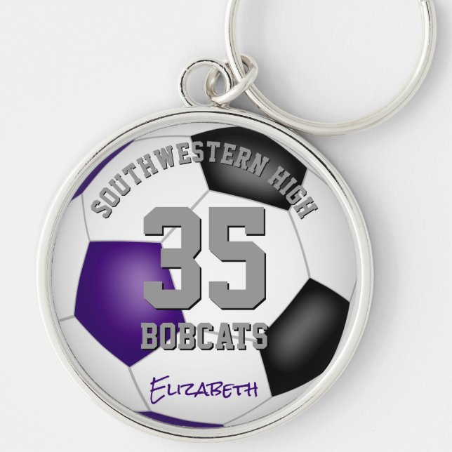 purple black team colors girls boys name soccer keychain (Front)