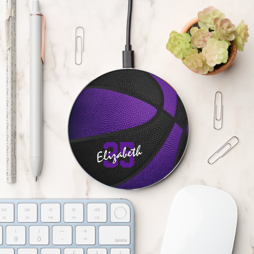 purple black team colors kids sports basketball wireless charger