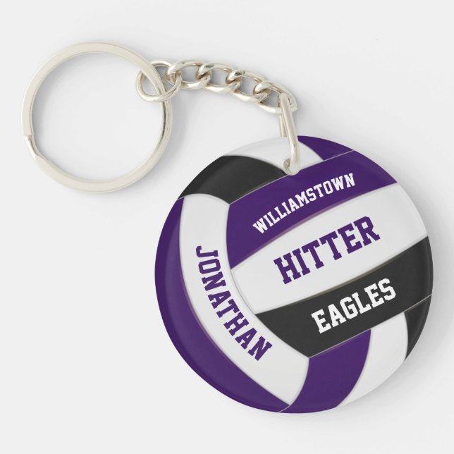 purple black team colors personalized volleyball keychain (Front)