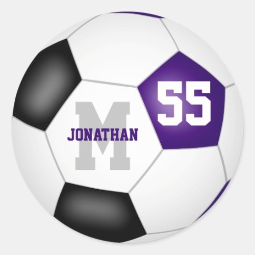 purple black team colors soccer ball personalized classic round sticker