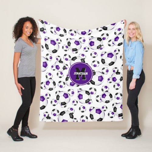 purple black team colors soccer balls pattern fleece blanket