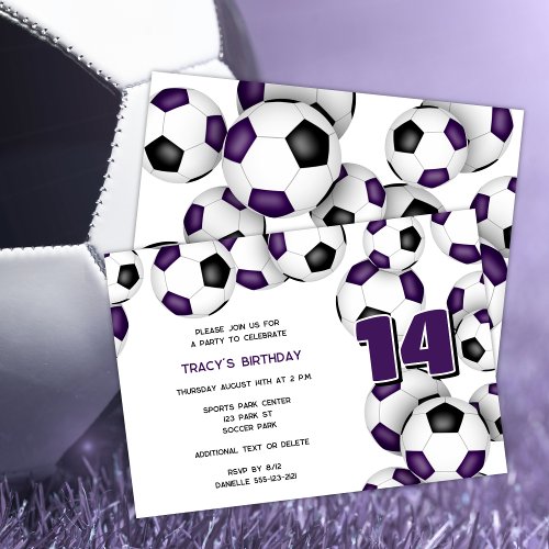 purple black soccer sports themed birthday party announcement