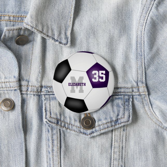 purple black team colors soccer personalized button (In Situ)