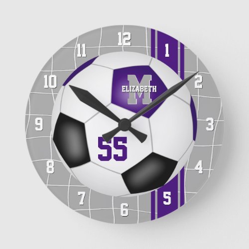 purple black team colors varsity stripes soccer round clock