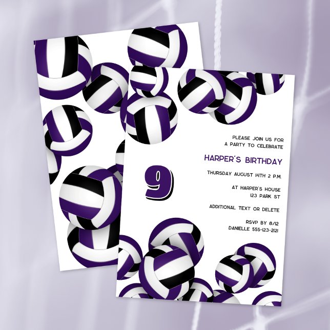 purple black team colors volleyball birthday party invitation (front & back views)