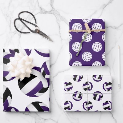 purple black team colors volleyballs set of 3 wrapping paper sheets