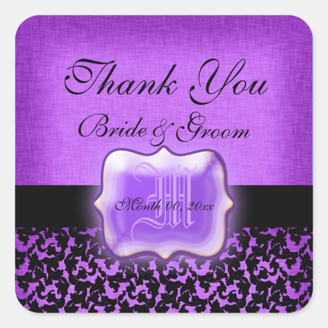 Purple black "thank you" wedding damask square sticker (Front)