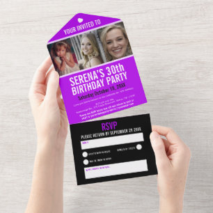 Purple black three photos 30th Birthday party All In One Invitation