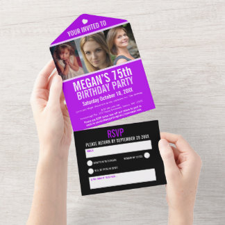 Purple black three photos 75th Birthday party All In One Invitation