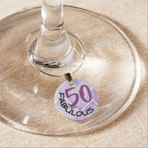 Purple & Black Typography 50th Birthday Wine Glass Charm