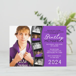 Purple & Black Unique Filmstrip 6 Photo Graduation Invitation