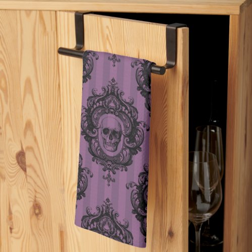 Purple  Black Victorian Skulls Pattern Halloween Kitchen Towel