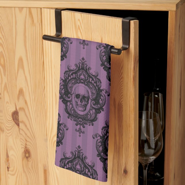 Purple & Black Victorian Skulls Pattern Halloween Kitchen Towel (Thirds Fold)