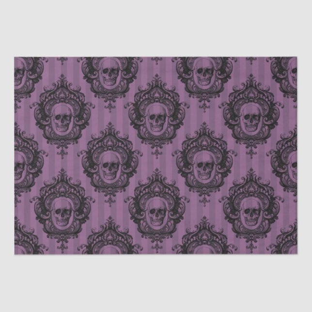 Purple & Black Victorian Skulls Pattern Halloween Tissue Paper (Front)