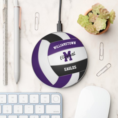purple black volleyball athlete team name monogram wireless charger 